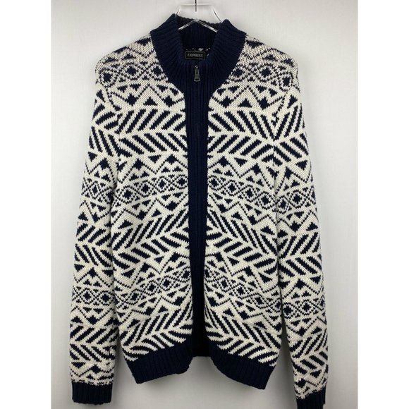 Vintage Express Navy & White Zip Front Chunky Knit Cardigan Sweater Size M - Picture 1 of 8